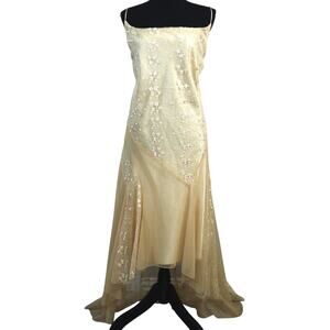 NWT Y2K Gold Fairycore Slip Dress Hi Low Asymmetric Embroidered Glitter Tulle
